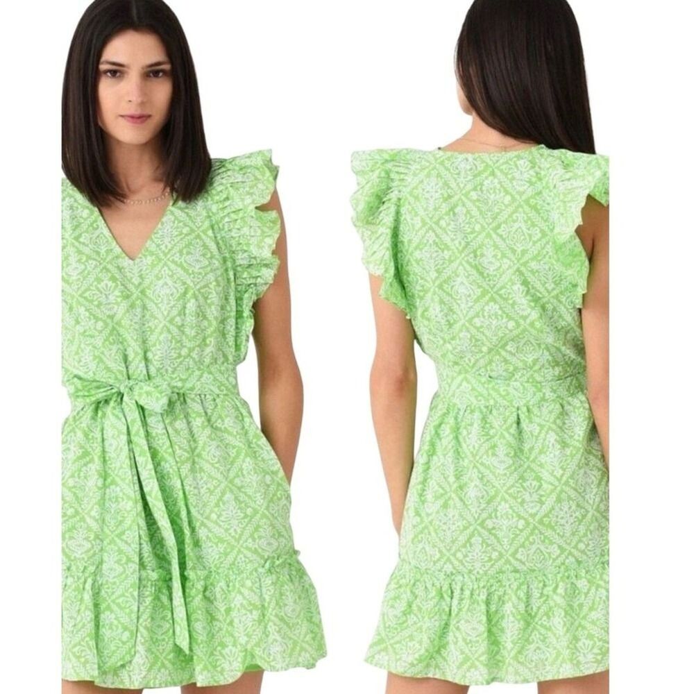 Banjanan Damask Mini Dress Green Print Ruffle Sleeve Cotton Belted Women’s Small